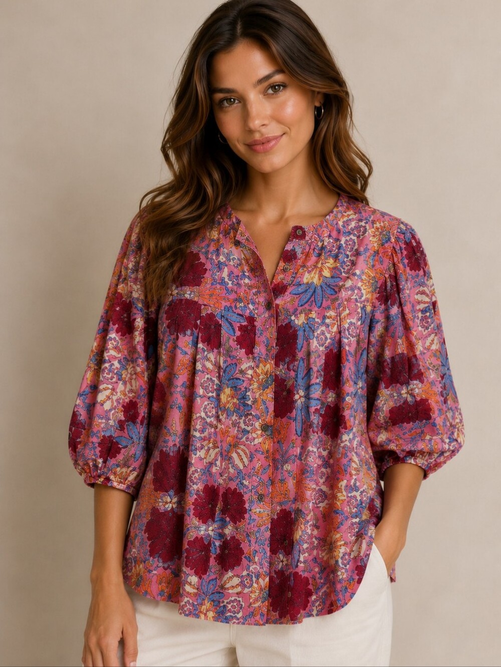 Olivaceous Floral Peasant Boho Blouse in Pink Multi Sz M